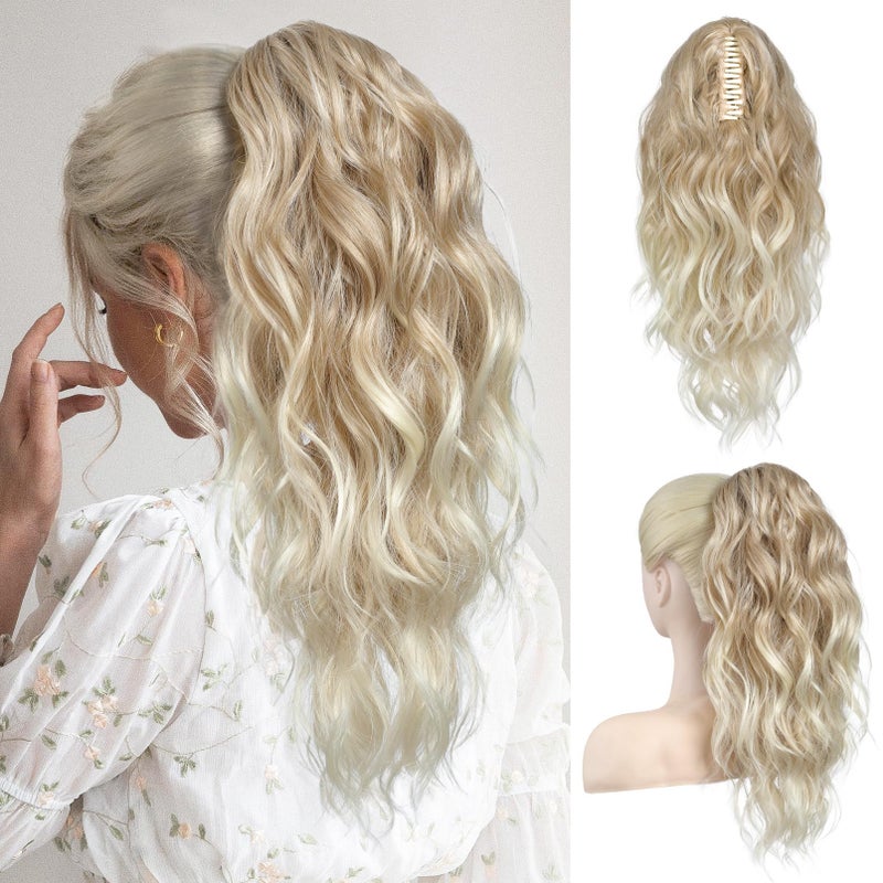 FLUFYMOOZ Claw Clip Ponytail Hair Extensions 18 Inch Wavy Curly Natural Fake Synthetic Hairpiece for Women Dark Blonde to Light Blonde
